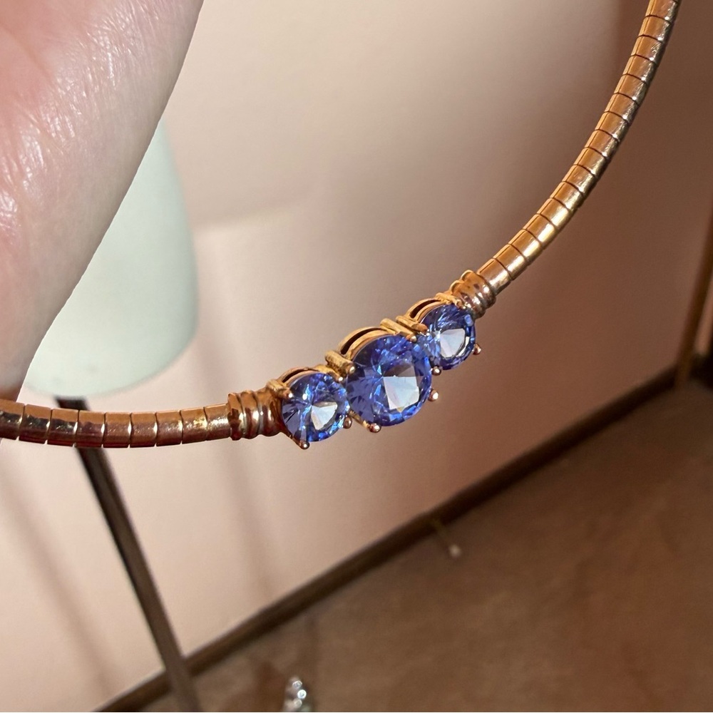 Vintage Rose gold Sterling silver omega chain three blue stone necklace 18in